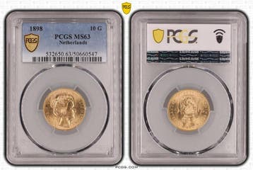Gouden Wilhelmina 10 gulden 1898 MS63 z.p. PCGS, Verzenden, Goud, Koningin Wilhelmina, Losse munt