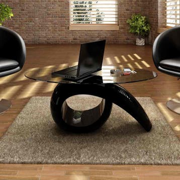 vidaXL Salontafel met ovaal glazen tafelblad hoogglans zwart, 100 tot 150 cm, Verzenden, Nieuw, Glas