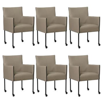 Set van 6 Leren eetkamerstoelen More - Toledo Khaki, Ophalen of Verzenden, Nieuw, Leer