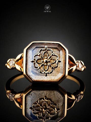 Natuurlijke Labradoriet Ring - Goudgeplateerd 925, Antiek en Kunst, Curiosa en Brocante