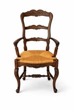 Bijzetstoel - Walnoot, stro - gehouwen hout