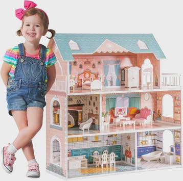 Houten Poppenhuis met Balkon - 3 Verdiepingen & 28 Accessoir, Kinderen en Baby's, Verzenden, Nieuw