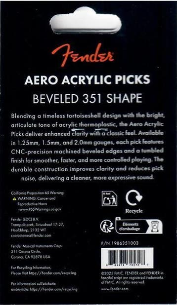 Fender Aero acrylic Plectrum 2.00 mm 6-pack, Ophalen of Verzenden, Nieuw, Elektrische gitaar