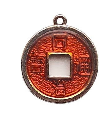 2 x Chinese geluksmunt emaille 20 x 23mm oogje: 1,5mm roo..., Ophalen of Verzenden, Nieuw, Bedel