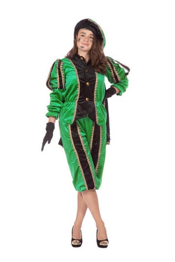 Pieten pak vrouw imitatie fluweel groen/zwart, Ophalen of Verzenden, Nieuw