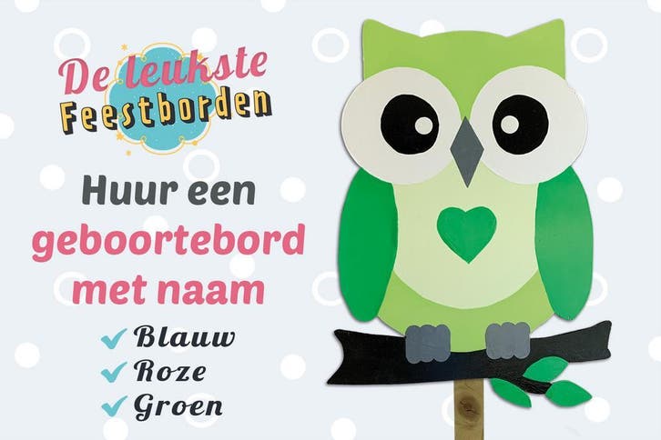 Geboortebord Groene uil op tak huren voor jongen of meisje, Kinderen en Baby's, Kraamcadeaus en Geboorteborden, Geboortebord, Zo goed als nieuw