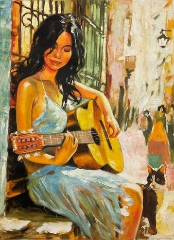 Jarol (XX-XXI) - La Guitarrista del Callejón Dorado, Antiek en Kunst, Kunst | Schilderijen | Klassiek