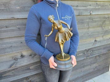 Beeld, Large Bronze Lady in Dress - 38 cm - Brons, Marmer