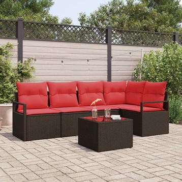 vidaXL Tuinbankenset 6 st Bruin en Rood poly rattan, Verzenden, Nieuw, Rotan, 6 zitplaatsen