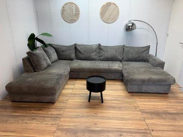 Royale Grijze Ribstof U-Bank | Dubbele Lounge, Ribstof, Hoekbank, 300 cm of meer, Ophalen of Verzenden