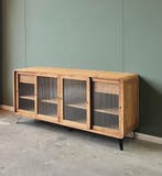 Dressoir | Teakhout | Ribbelglas | 200cm breed | Voorradig!, 150 tot 200 cm, Teakhout, Nieuw, Ophalen of Verzenden