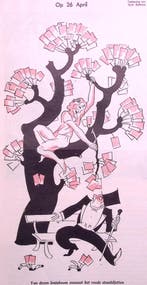 Boom met stembiljetten boven geschrokken man op spotprent, Verzenden