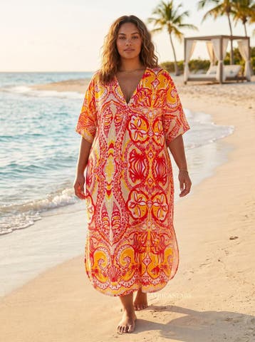 Boho rayon kaftan jurk - Oranje Roze Coral Bloom, Ophalen of Verzenden, Nieuw