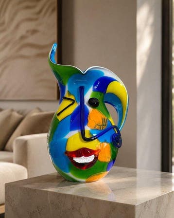 Vaas - Mondgeblazen sculpturale glazen vaas met abstract