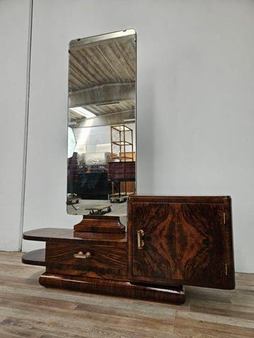 Kabinet - Toilette Art Deco in walnotenfineer met spiegel -
