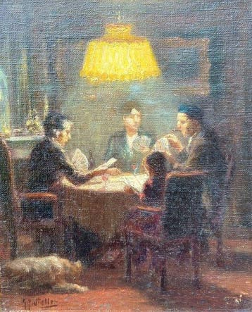 Gerard Johan Staller (1880-1956 ) - Kaarten bij lamplicht, Antiek en Kunst