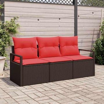 vidaXL Tuinbankenset 3 st Bruin en Rood poly rattan, Tuin en Terras, Verzenden, Nieuw, Rotan, 3 zitplaatsen