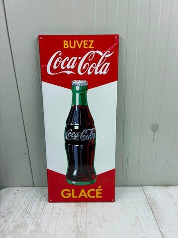 Coca-Cola “Buvez Glacé” – Groot Emaille Reclamebord – Fles -, Antiek en Kunst