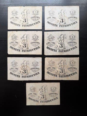 Italië. - 7 x 3 Lire Lire 1848 Moneta Patriottica Governo