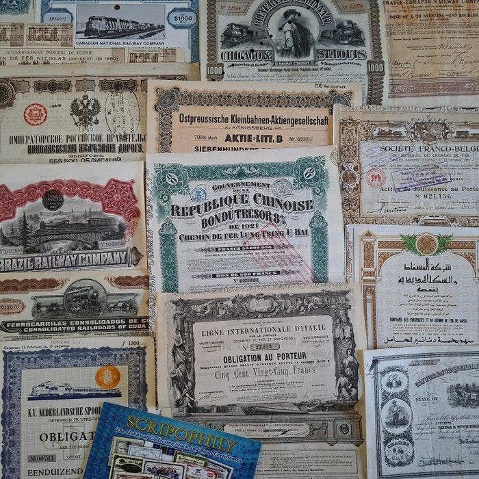 Document - 30 Historische spoorwegaandelen en obligaties,, Antiek en Kunst, Antiek | Speelgoed