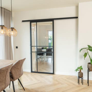 Stalen Schuifdeur met koofsysteem Zwart 6 Vlaks Helder glas, Doe-het-zelf en Verbouw, Kozijnen en Schuifpuien, 75 tot 150 cm, Nieuw