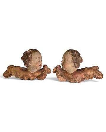 sculptuur, Antica Coppia cherubini putti legno policromi, Antiek en Kunst