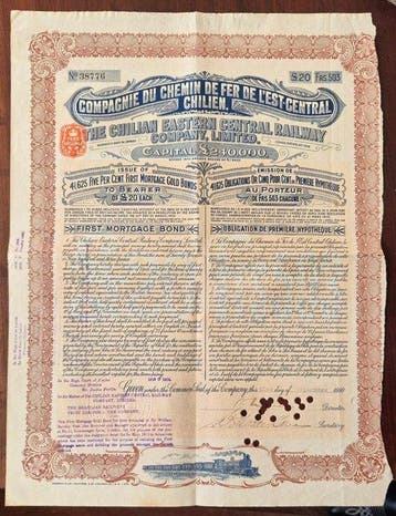 Chili. 20 Pounds - 1910 - The Chilian Eastern Central Rayway, Antiek en Kunst