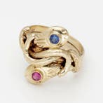 Ring - 14 karaat Geel goud - Saffier/Robijn, Sieraden, Tassen en Uiterlijk, Ringen, Nieuw