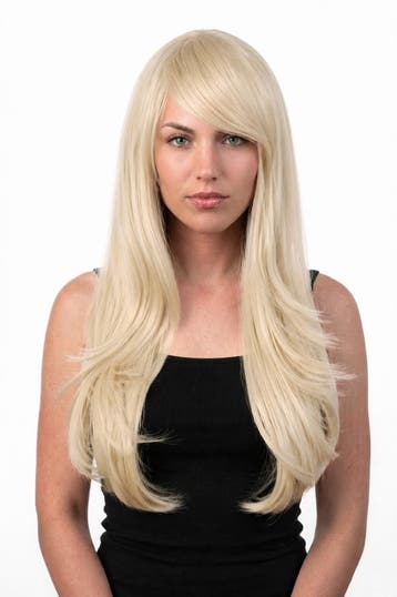 KIMU® Luxe Lange Lichtblonde Pruik Schuine Pony Witblond Lad, Ophalen of Verzenden, Nieuw, Carnaval