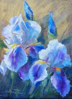 Silvana Pasini - Iris su fondo oro, Antiek en Kunst, Kunst | Schilderijen | Modern