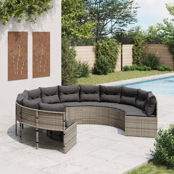 vidaXL Tuinbank met kussens rond poly rattan grijs, Tuin en Terras, Verzenden, Nieuw
