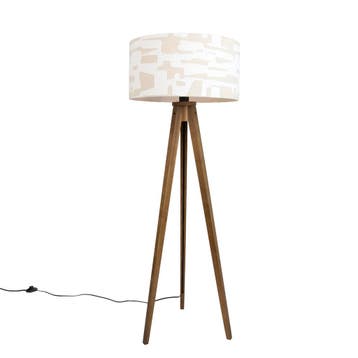 Vloerlamp hout met beige en wit gestreepte kap 50cm -, Huis en Inrichting, Lampen | Vloerlampen, Verzenden, Nieuw, Hout, Landelijk