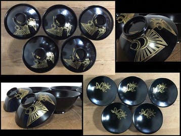 Set of 5 Japanese Wajima-nuri Lacquerware Soup Bowls with, Antiek en Kunst