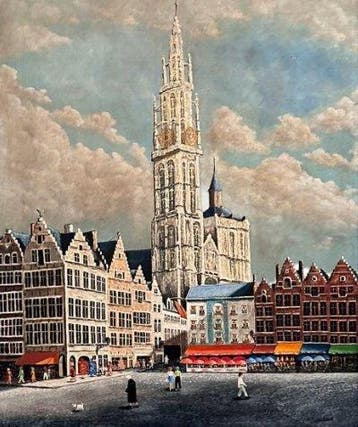 Belgische school (XX) - Antwerp Grote Markt Cityscape with, Antiek en Kunst
