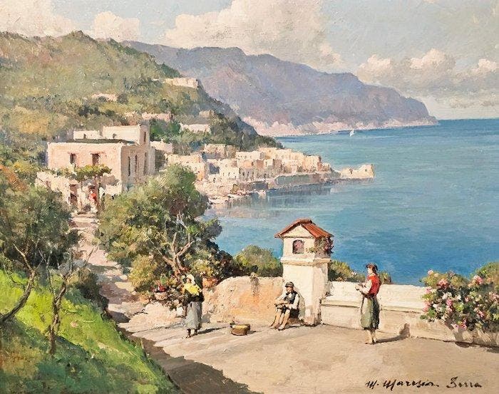 Mario Maresca Serra (1912 - 1991) - In costiera amalfitana, Antiek en Kunst, Kunst | Schilderijen | Klassiek