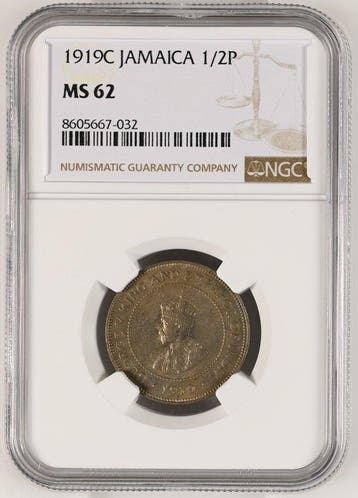 Jamaica. George V. 1/2 Penny 1919 - NGC MS62, Postzegels en Munten