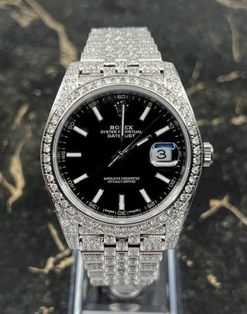 Rolex Datejust 41 - Black Dial -126300 - Iced Out - Diamonds, Staal, Polshorloge, Nieuw, Rolex