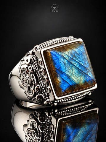 Blauwe Labradoriet Ring - 925 Sterling Zilver - Verstelbaar