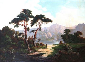 Duitse school (XIX) - Gebirgslandschaft mit See und Fischer
