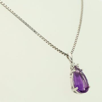 Ketting met hanger - 14 karaat Witgoud Amethist - Diamant