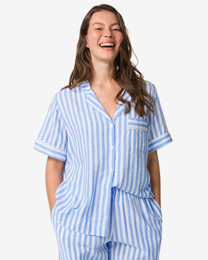 HEMA Damespyjamatop seersucker strepen blauw, Kleding | Dames, Ondergoed en Lingerie, Verzenden