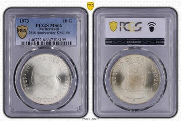 Koningin Juliana 10 gulden 1973 Jubileum MS66 PCGS, Koningin Juliana, Verzenden, Zilver, Losse munt