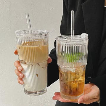 Glazen Koffiebeker met Ribbelpatroon, Deksel & Rietje - 600M, Verzenden, Nieuw
