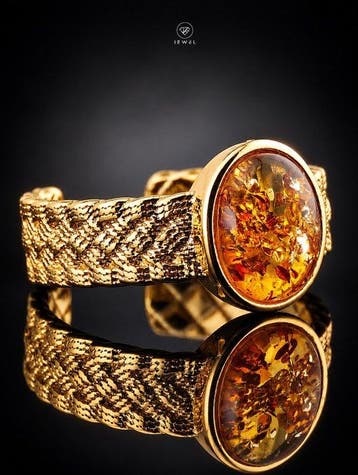 Amber cabochonring - 925 sterlingzilver - goud verguld -