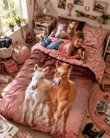 Kinderdekbedovertrek Paarden, Roze - Katoen, Overige merken, Wasbaar, Nieuw, Roze