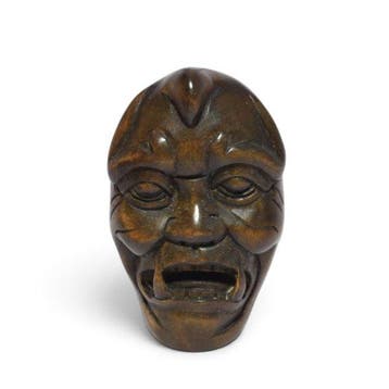 Handgesneden buxushout Oni-masker netsuke – Japanse