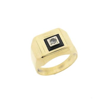 Gouden heren zegelring met onyx en zirconia, Gebruikt, 19 tot 20, Heer, Ophalen of Verzenden