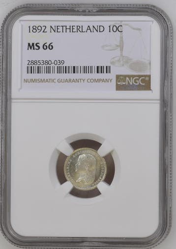 Koningin Wilhelmina 10 cent 1892 MS66 NGC gecertificeerd, Postzegels en Munten, Munten | Nederland, Koning Willem III, Verzenden