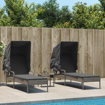vidaXL Ligbedden 2 st met luifels en tafel poly rattan grijs, Tuin en Terras, Verzenden, Nieuw
