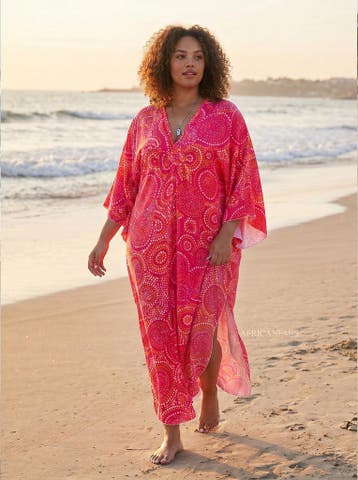 Boho rayon kaftan jurk - Roze Sunburst Dots, Ophalen of Verzenden, Nieuw